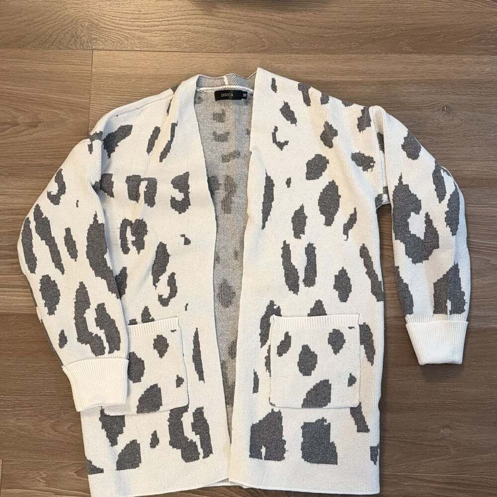 ZESICA Long Sleeve Leopard Print Open Front Knit Cardigan Sweater with Pockets
